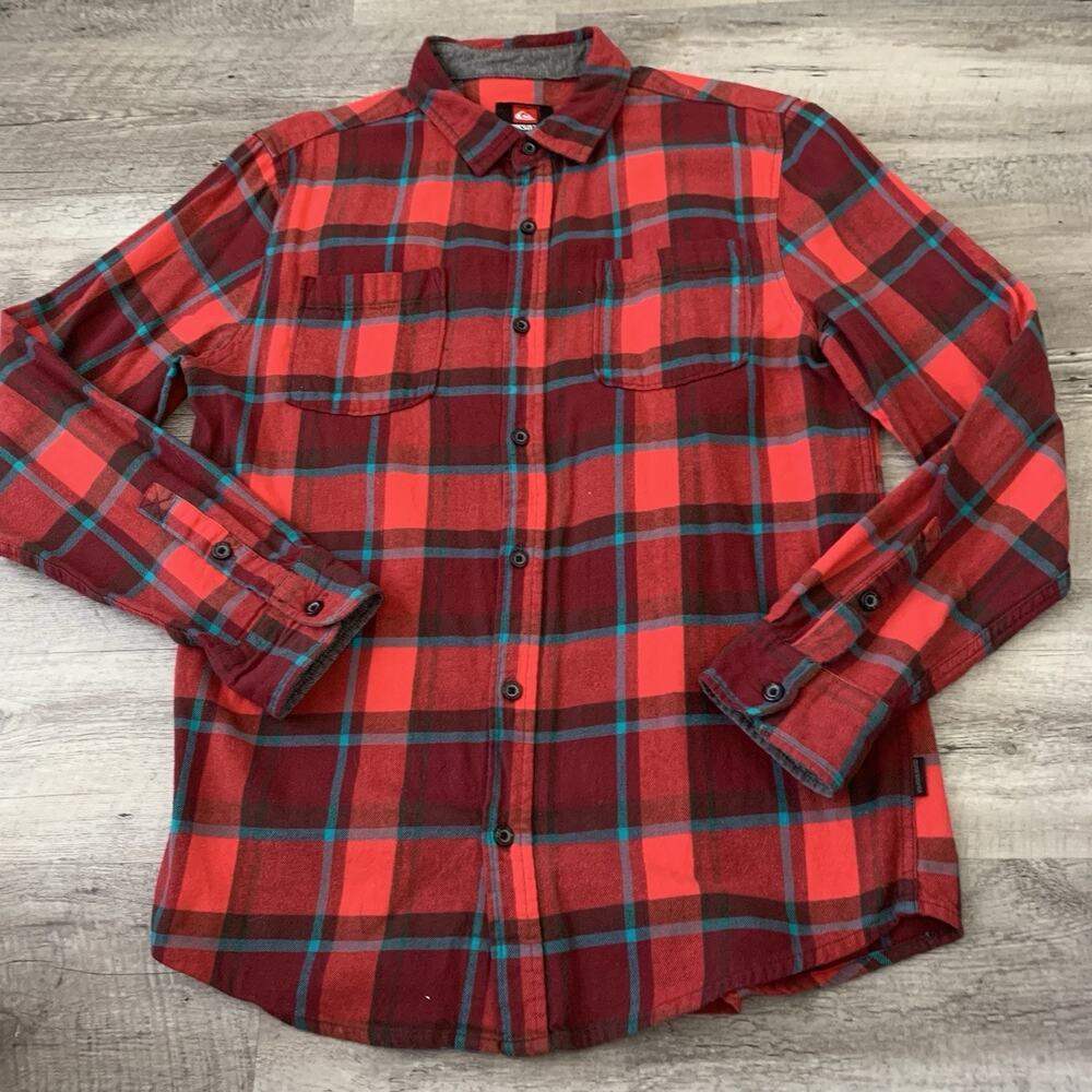 Quiksilver Flannel Shirt Mens Large Regular Fit Red Wine Plaid Cotton Button-Up